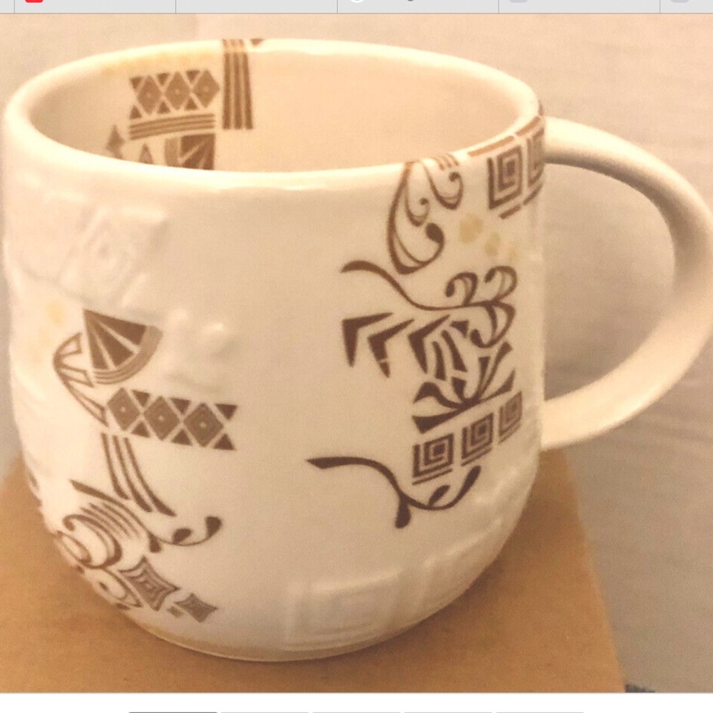 🛍️2012 Starbucks Aztec Summer White With Gold Designs Bone China Coffee Mug